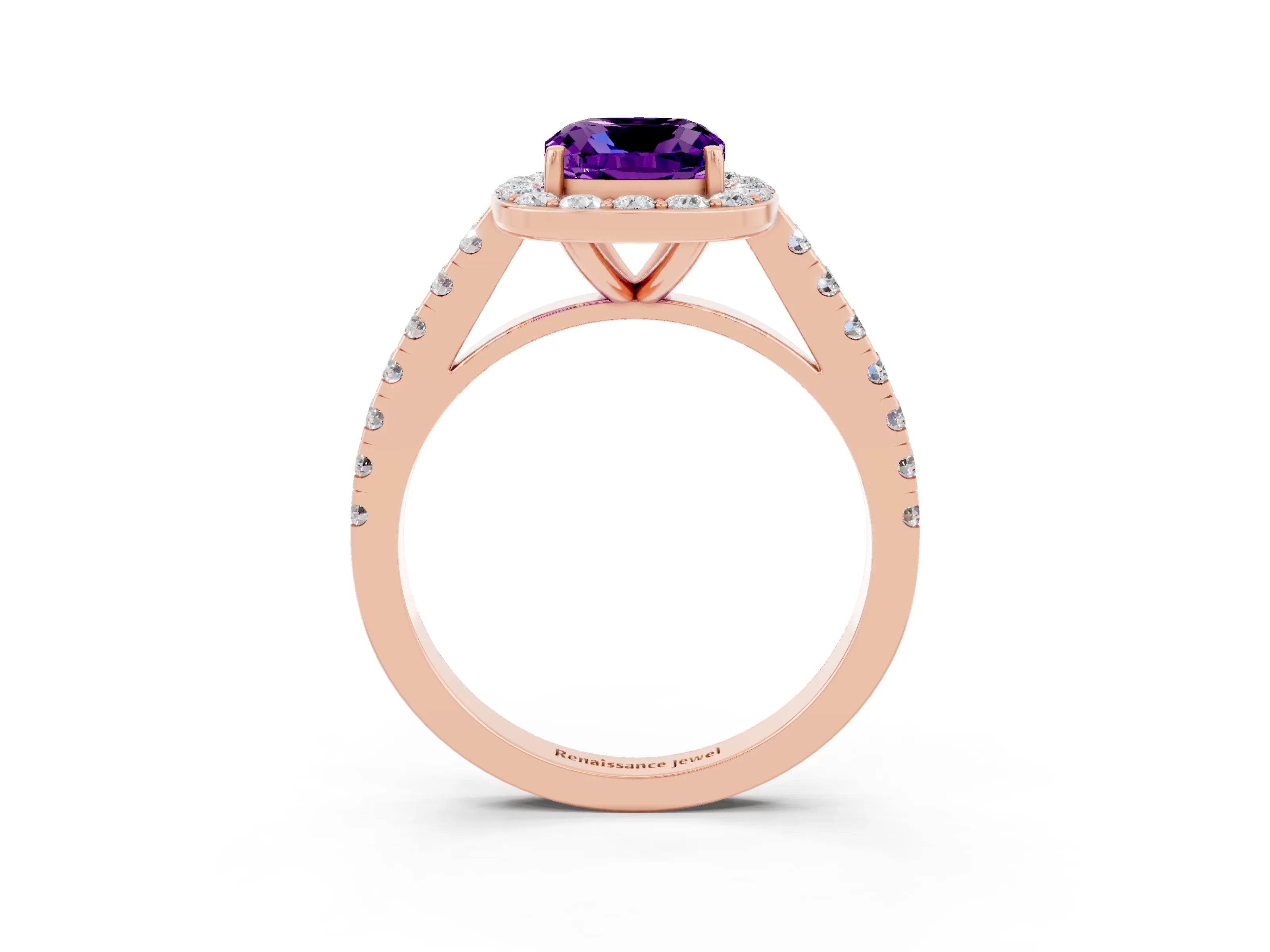 Rose gold Cushion Cut Halo Diamond Ring with Pavé Band and Three-Prong Setting_3