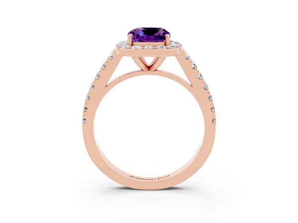 Rose gold Cushion Cut Amethyst Halo Ring with Round Pavé Split Shank and Prong Setting