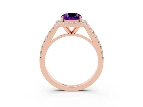 Rose gold Cushion Cut Halo Diamond Ring with Pavé Band and Three-Prong Setting_3