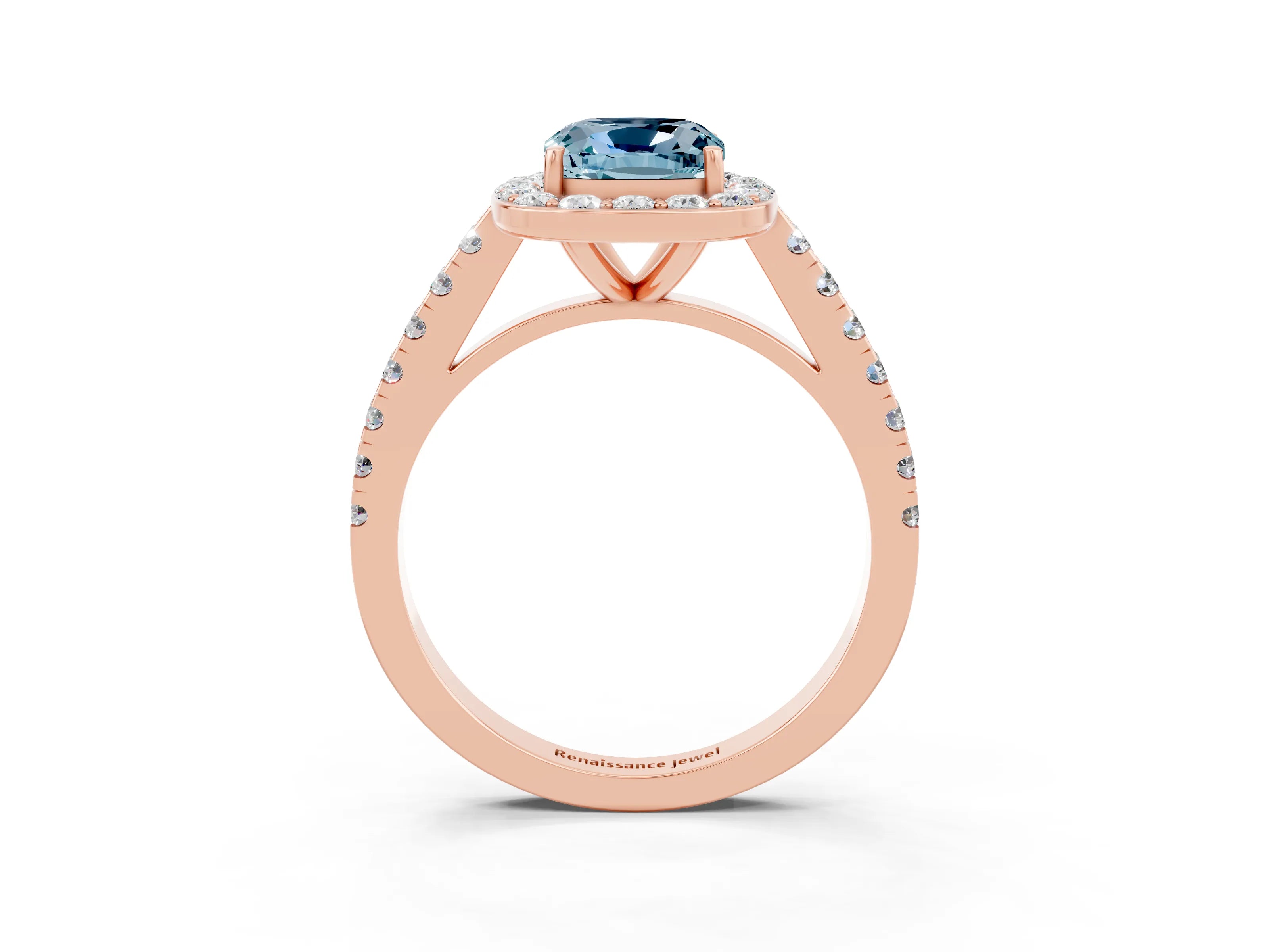 Rose gold Cushion Cut Halo Diamond Ring with Pavé Band and Three-Prong Setting_3