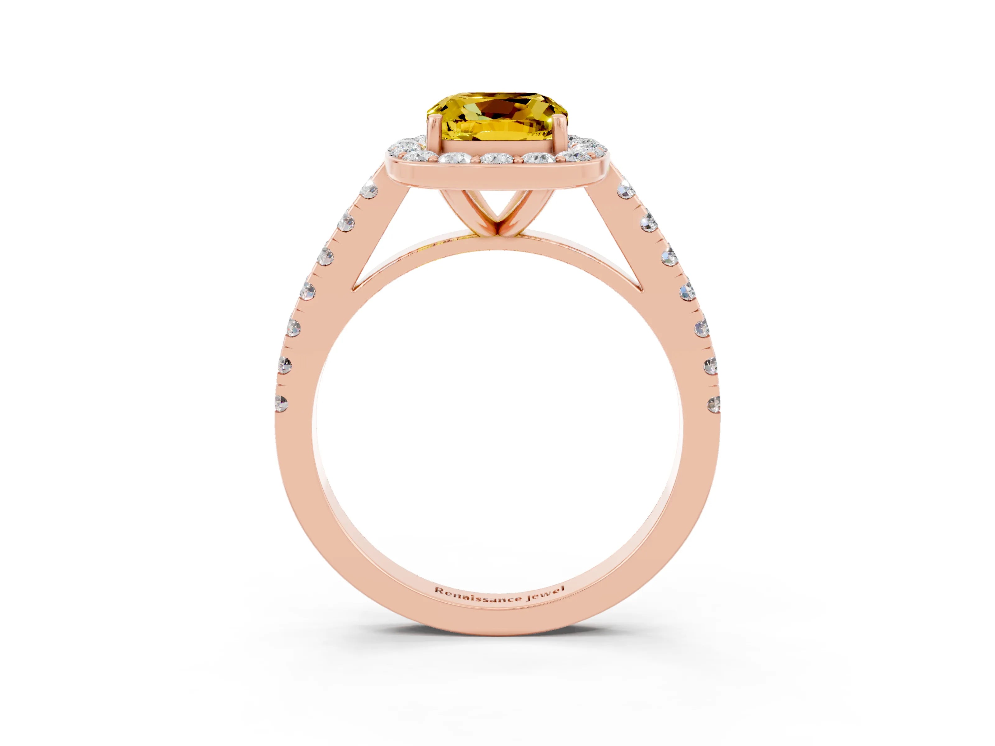 Rose gold Cushion Cut Halo Diamond Ring with Pavé Band and Three-Prong Setting_3