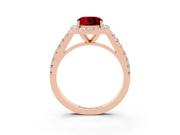 Rose gold Cushion Cut Ruby Halo Ring with Round Pavé Split Shank and Prong Setting