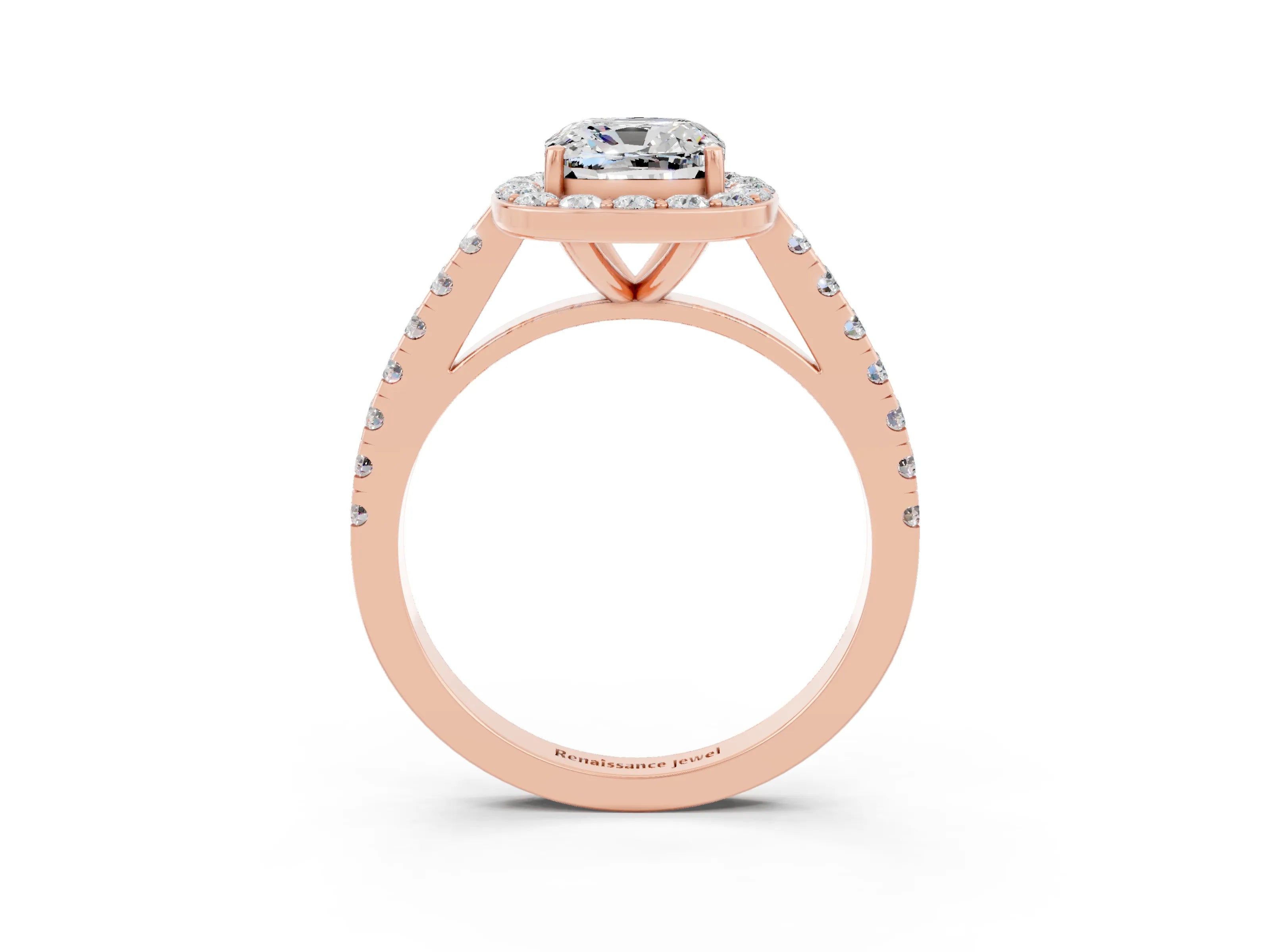 Rose gold Cushion Cut Halo Diamond Ring with Pavé Band and Three-Prong Setting_3