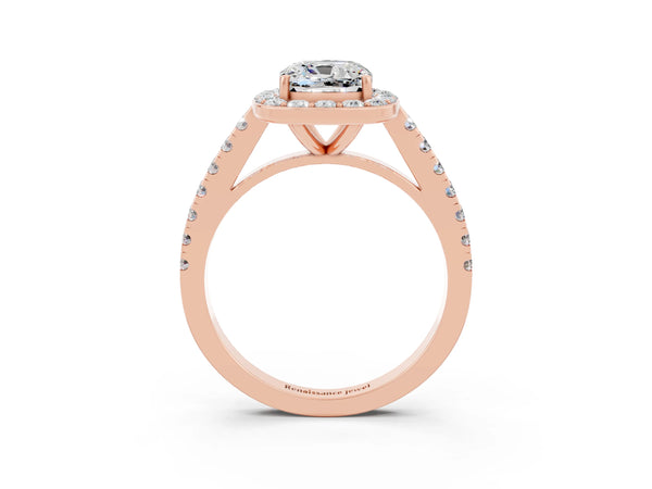 Rose gold Cushion Cut Moissanite Halo Ring with Round Pavé Split Shank and Prong Setting