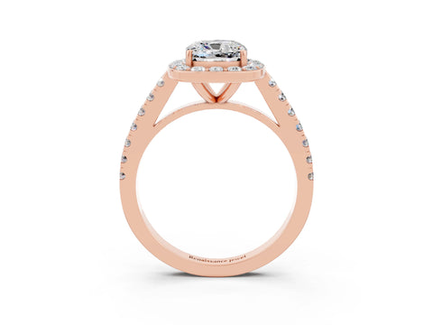 Rose gold Cushion Cut Halo Diamond Ring with Pavé Band and Three-Prong Setting_3