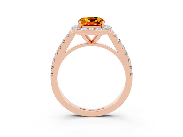 Rose gold Cushion Cut Citrine Halo Ring with Round Pavé Split Shank and Prong Setting