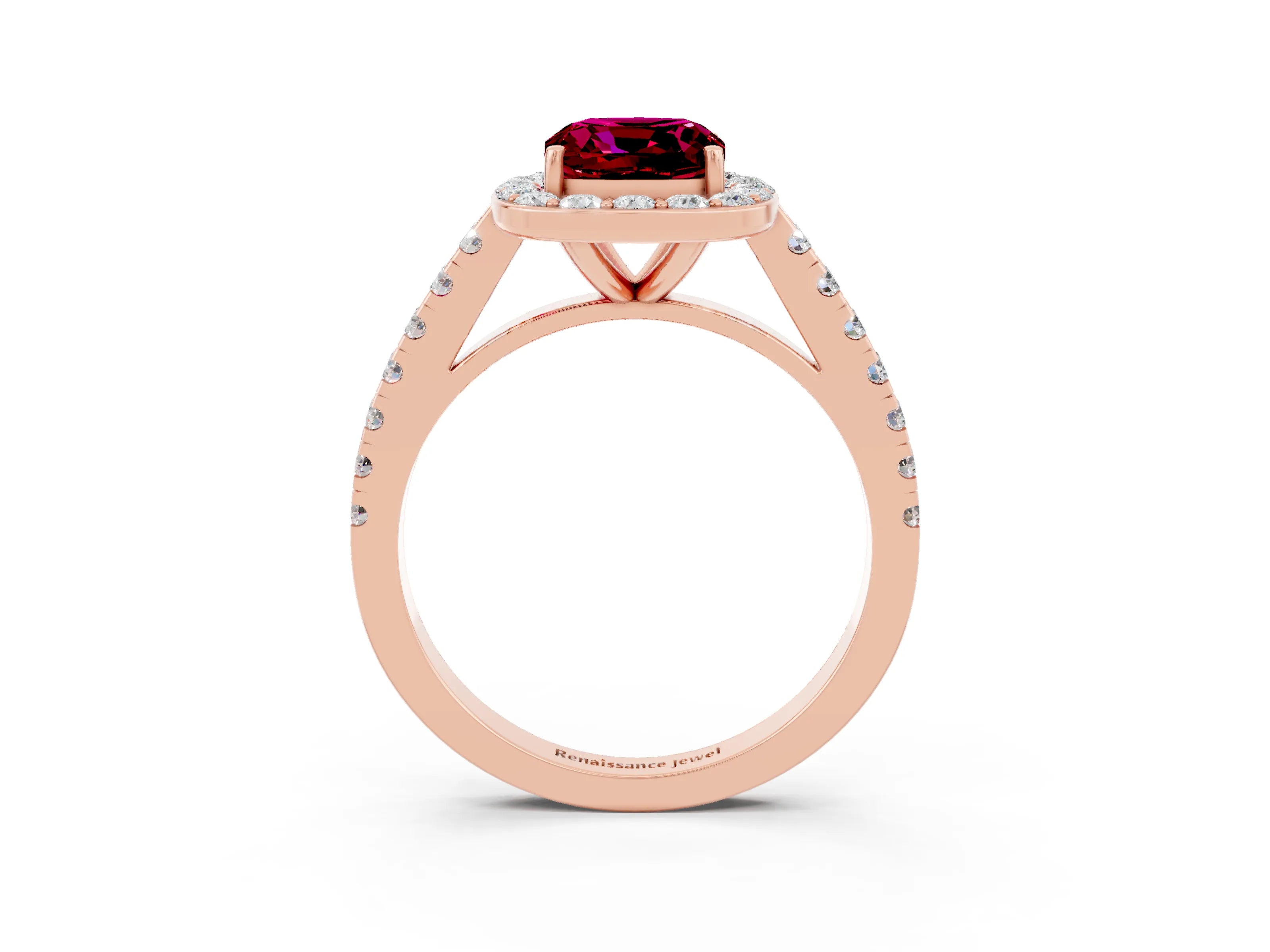 Rose gold Cushion Cut Halo Diamond Ring with Pavé Band and Three-Prong Setting_3