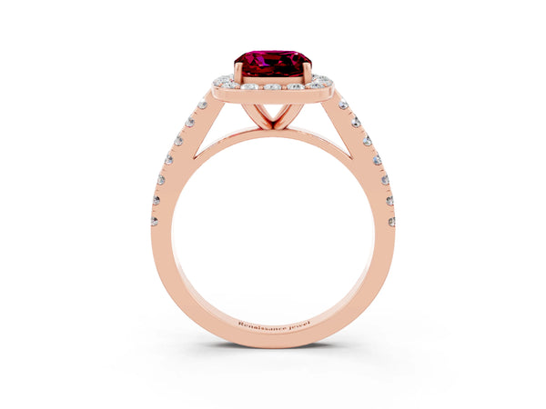 Rose gold Cushion Cut Garnet Halo Ring with Round Pavé Split Shank and Prong Setting