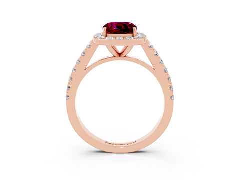 Rose gold Cushion Cut Halo Diamond Ring with Pavé Band and Three-Prong Setting_3