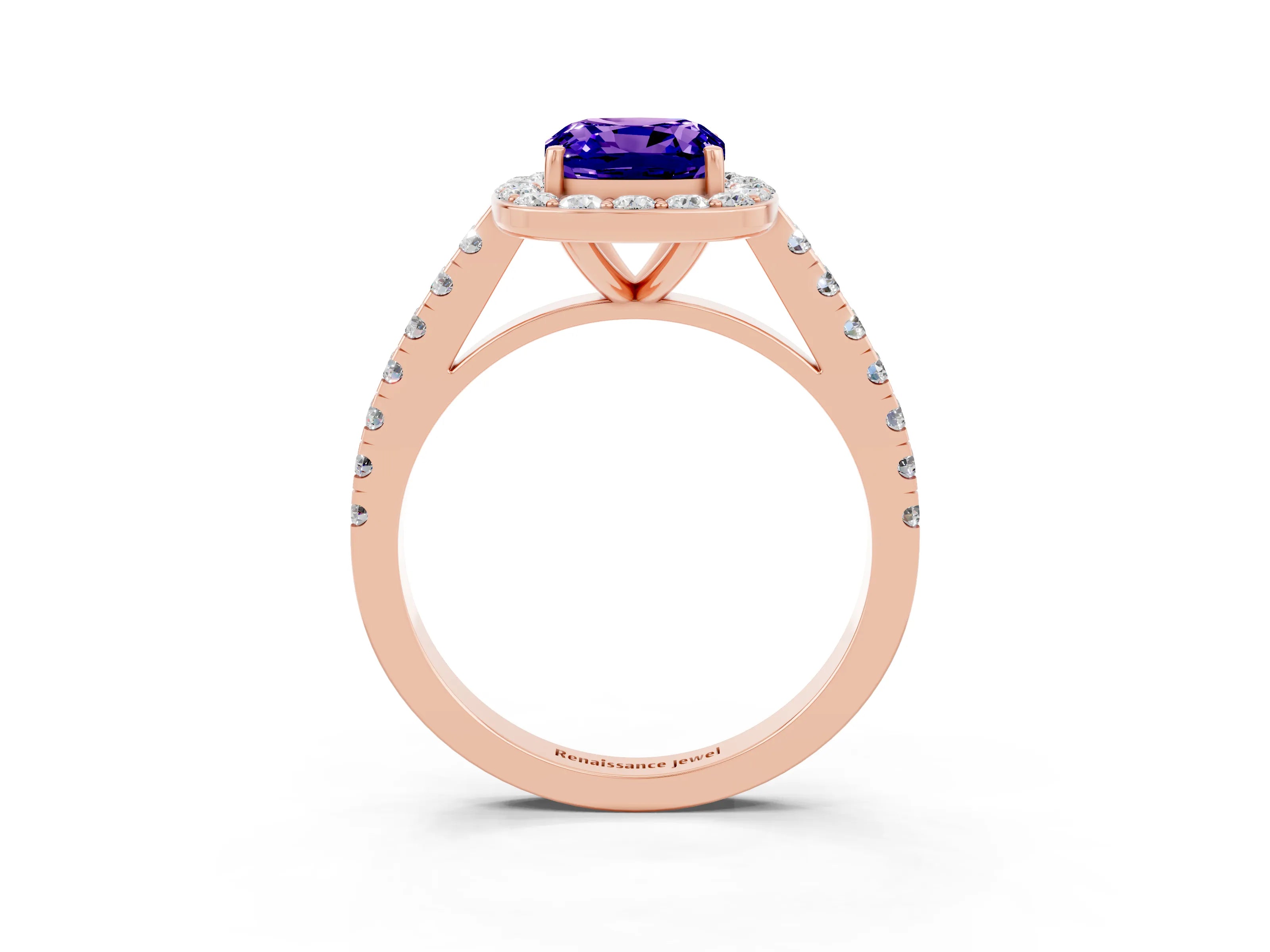 Rose gold Cushion Cut Halo Diamond Ring with Pavé Band and Three-Prong Setting_3