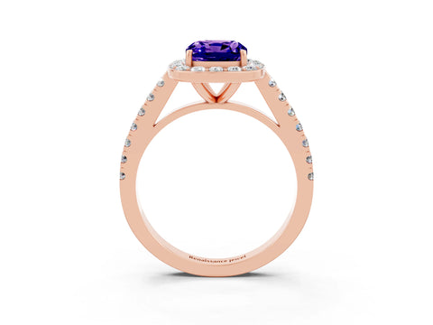 Rose gold Cushion Cut Halo Diamond Ring with Pavé Band and Three-Prong Setting_3