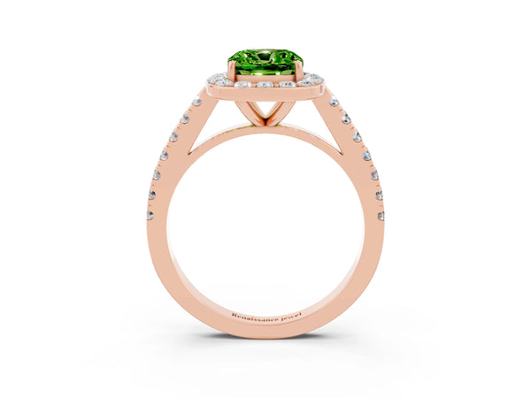 Rose gold Cushion Cut Halo Diamond Ring with Pavé Band and Three-Prong Setting