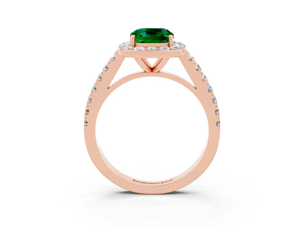 Rose gold Cushion Cut Emerald Halo Ring with Round Pavé Split Shank and Prong Setting
