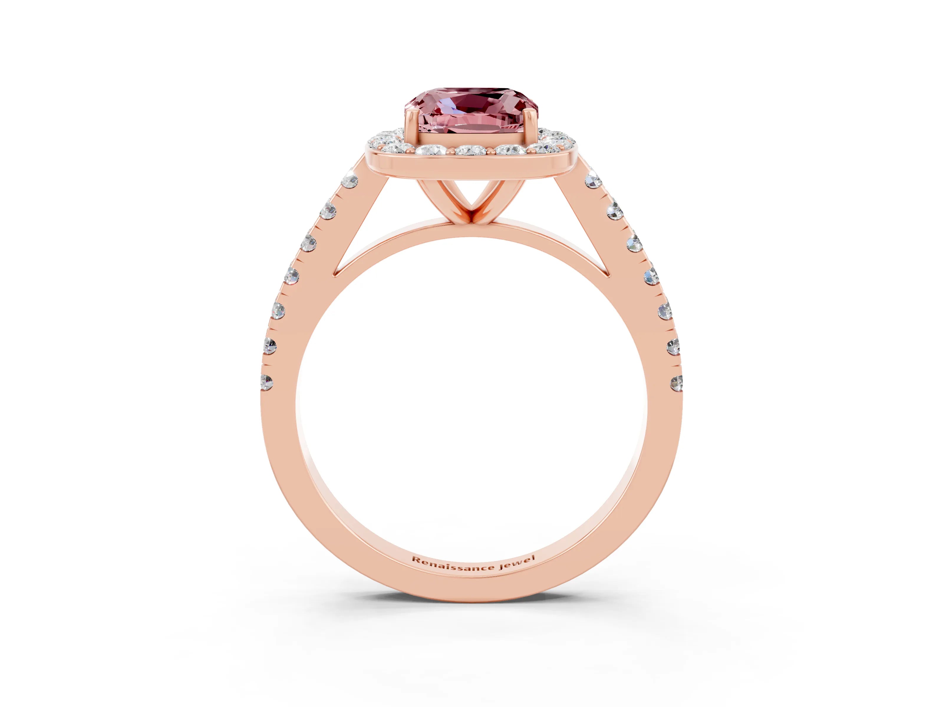 Rose gold Cushion Cut Halo Diamond Ring with Pavé Band and Three-Prong Setting_3