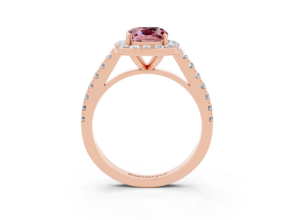 Rose gold Cushion Cut Halo Diamond Ring with Pavé Band and Three-Prong Setting