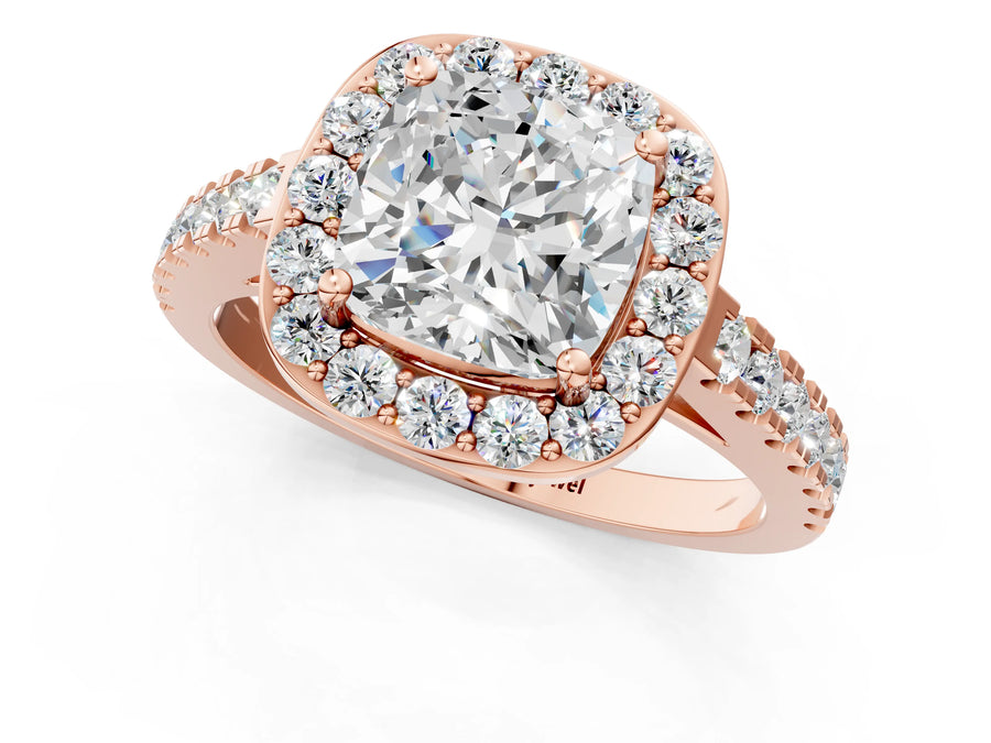 Rose gold Cushion Cut Halo Diamond Ring with Pavé Band and Three-Prong Setting