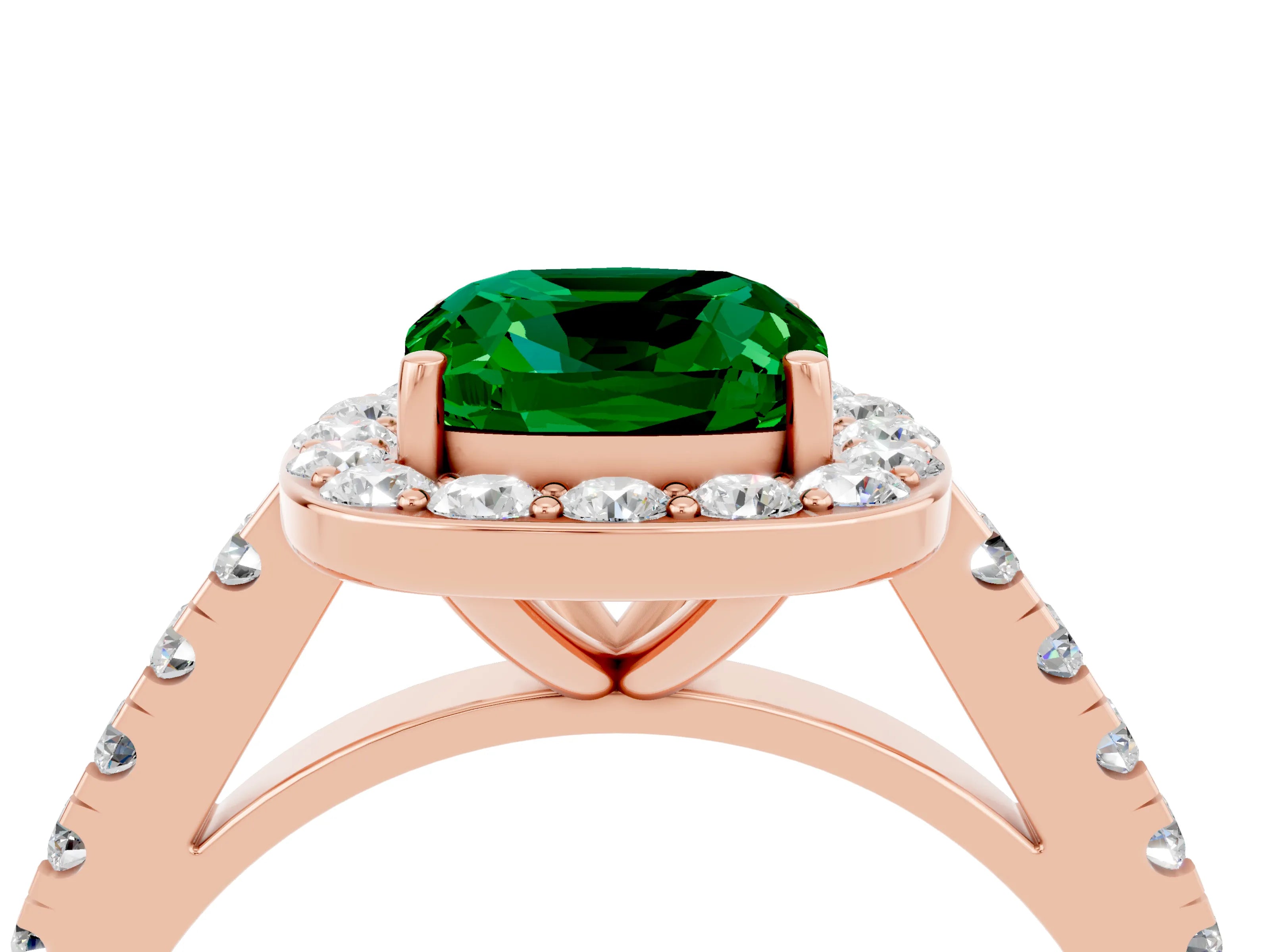Rose gold Cushion Cut Halo Diamond Ring with Pavé Band and Three-Prong Setting_4