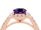 Rose gold Cushion Cut Halo Diamond Ring with Pavé Band and Three-Prong Setting_4