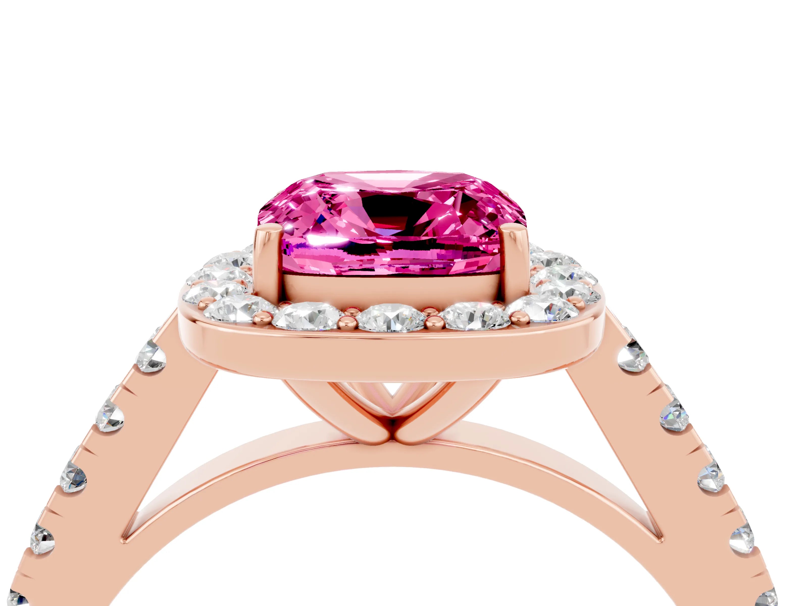 Rose gold Cushion Cut Halo Diamond Ring with Pavé Band and Three-Prong Setting_4