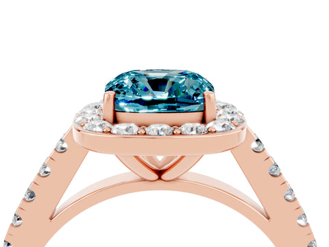 Rose gold Cushion Cut Halo Diamond Ring with Pavé Band and Three-Prong Setting_4