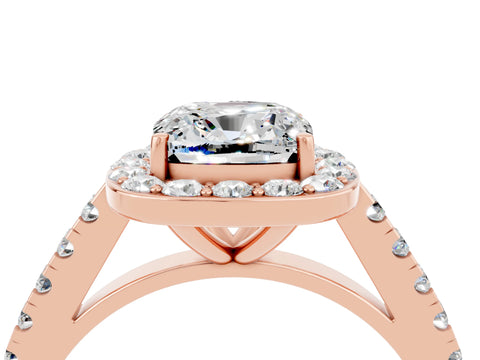Rose gold Cushion Cut Halo Diamond Ring with Pavé Band and Three-Prong Setting_4