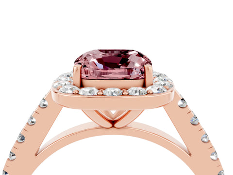 Rose gold Cushion Cut Halo Diamond Ring with Pavé Band and Three-Prong Setting_4