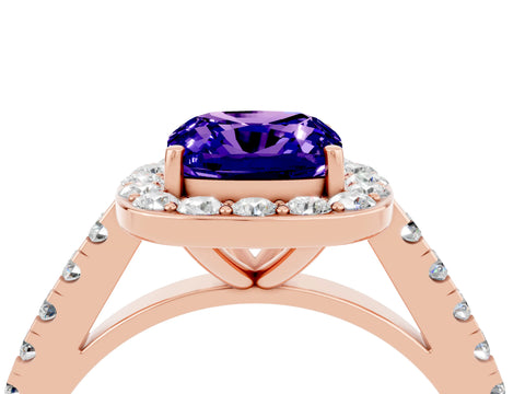 Rose gold Cushion Cut Halo Diamond Ring with Pavé Band and Three-Prong Setting_4