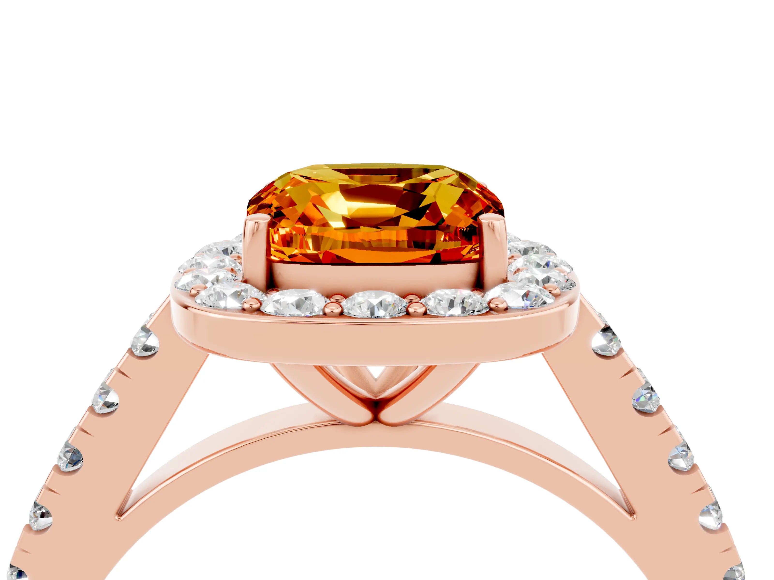 Rose gold Cushion Cut Halo Diamond Ring with Pavé Band and Three-Prong Setting_4