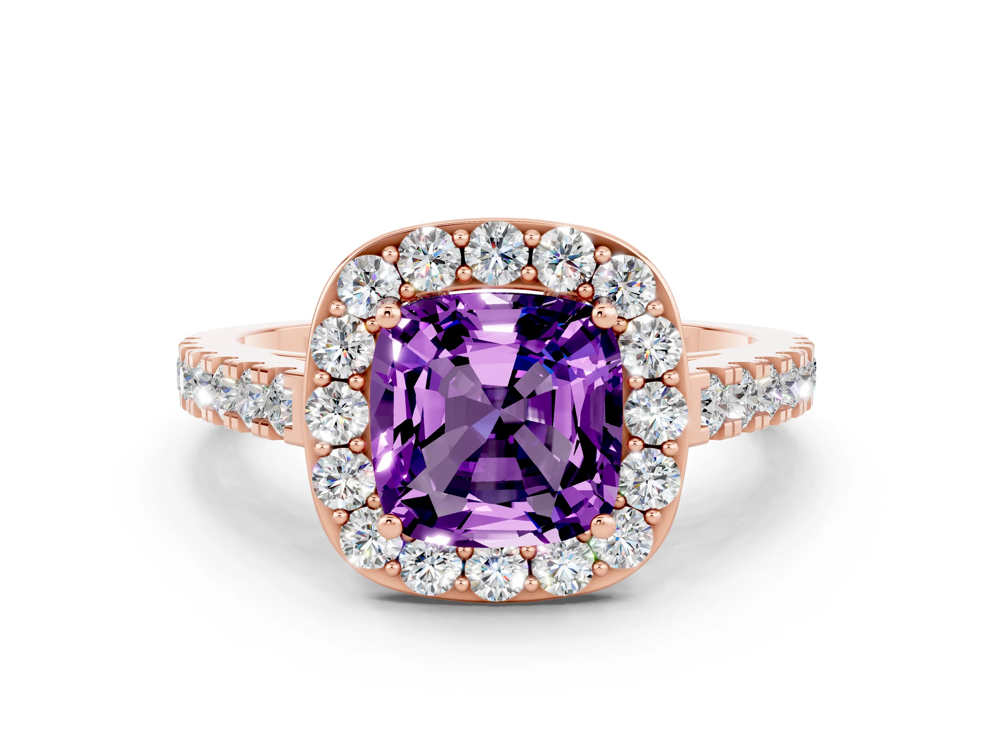 Rose gold Cushion Cut Halo Diamond Ring with Pavé Band and Three-Prong Setting