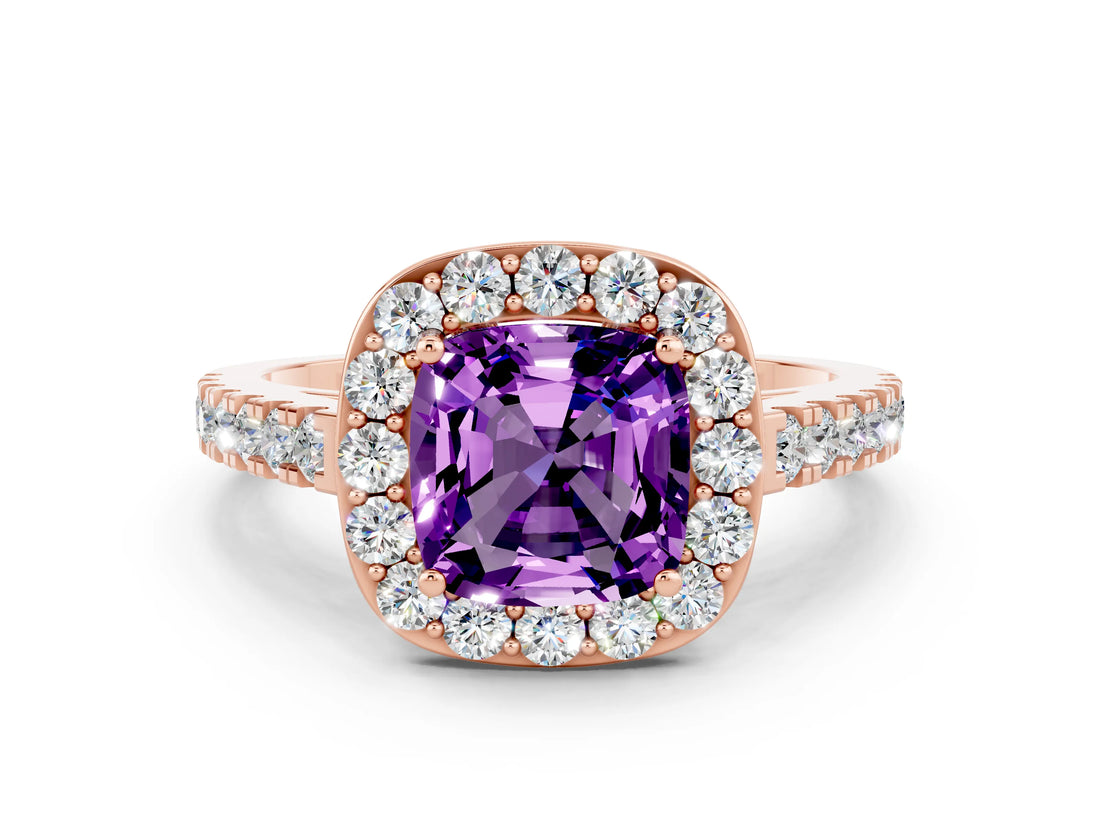 Rose gold Cushion Cut Halo Diamond Ring with Pavé Band and Three-Prong Setting