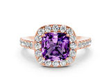 Rose gold Cushion Cut Halo Diamond Ring with Pavé Band and Three-Prong Setting