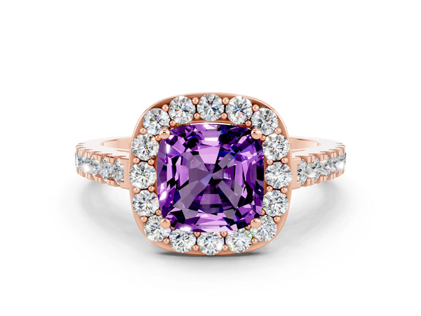 Rose gold Cushion Cut Amethyst Halo Ring with Round Pavé Split Shank and Prong Setting