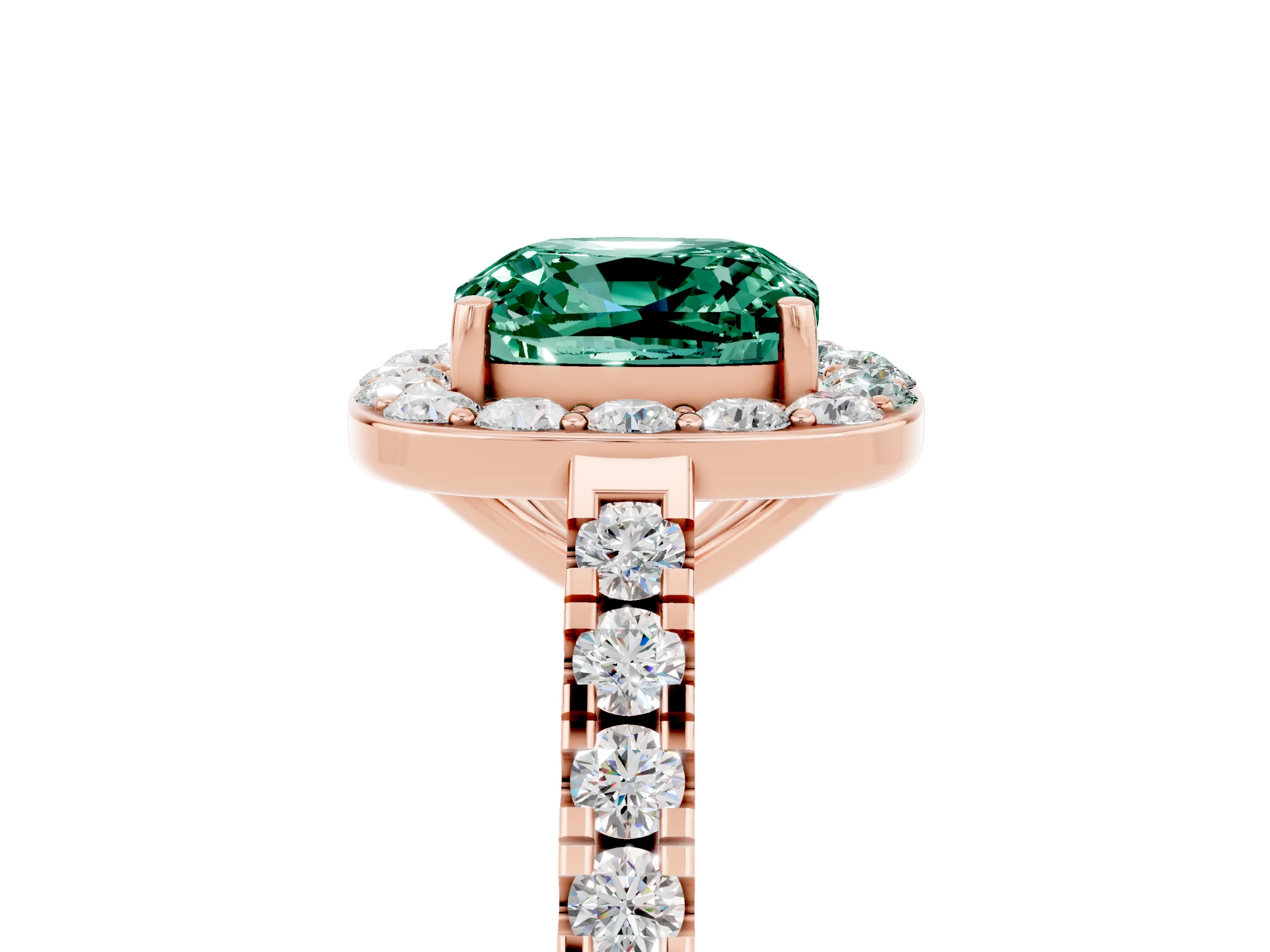 Rose gold Cushion Cut Halo Diamond Ring with Pavé Band and Three-Prong Setting_5