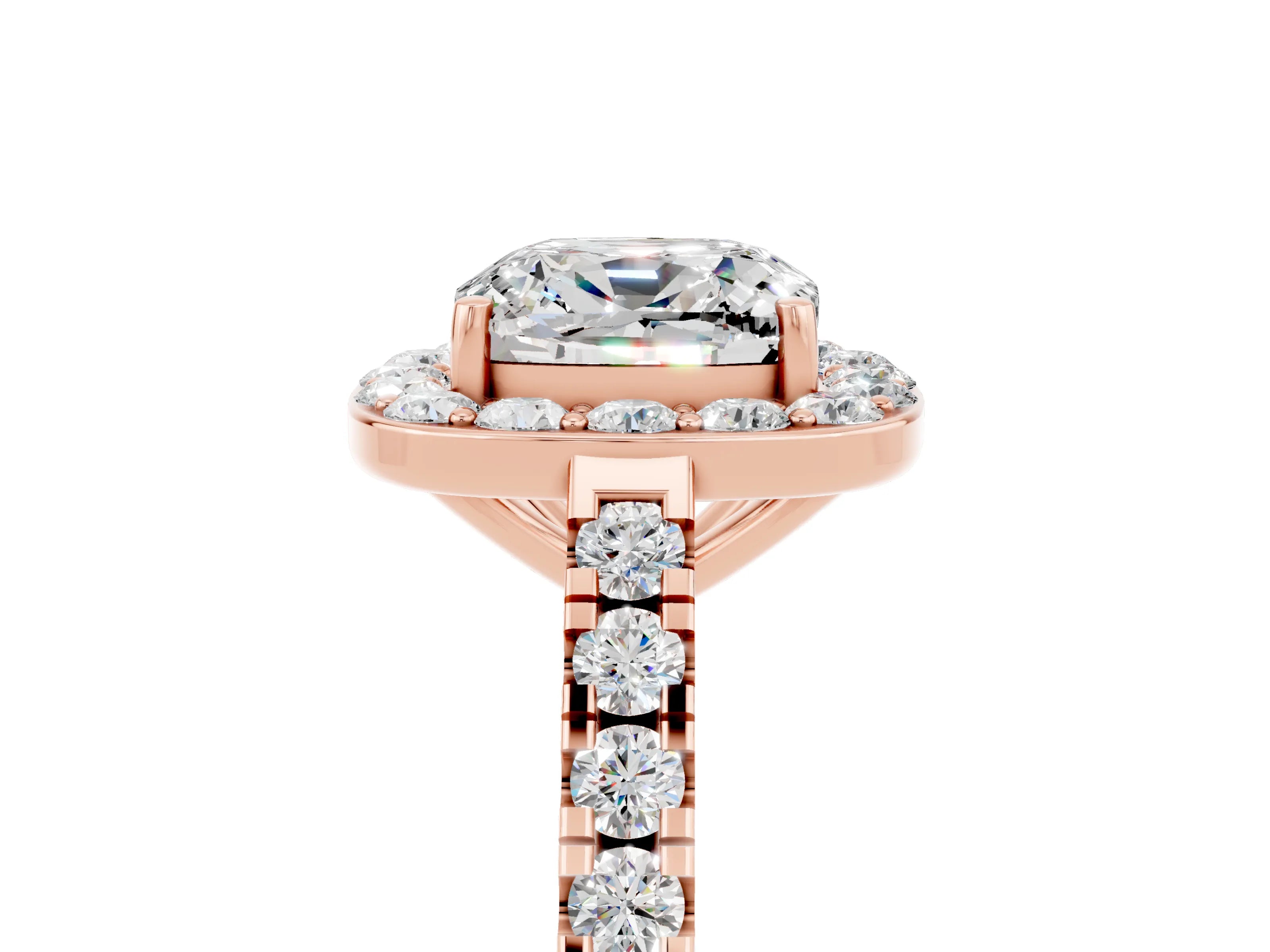 Rose gold Cushion Cut Halo Diamond Ring with Pavé Band and Three-Prong Setting_5