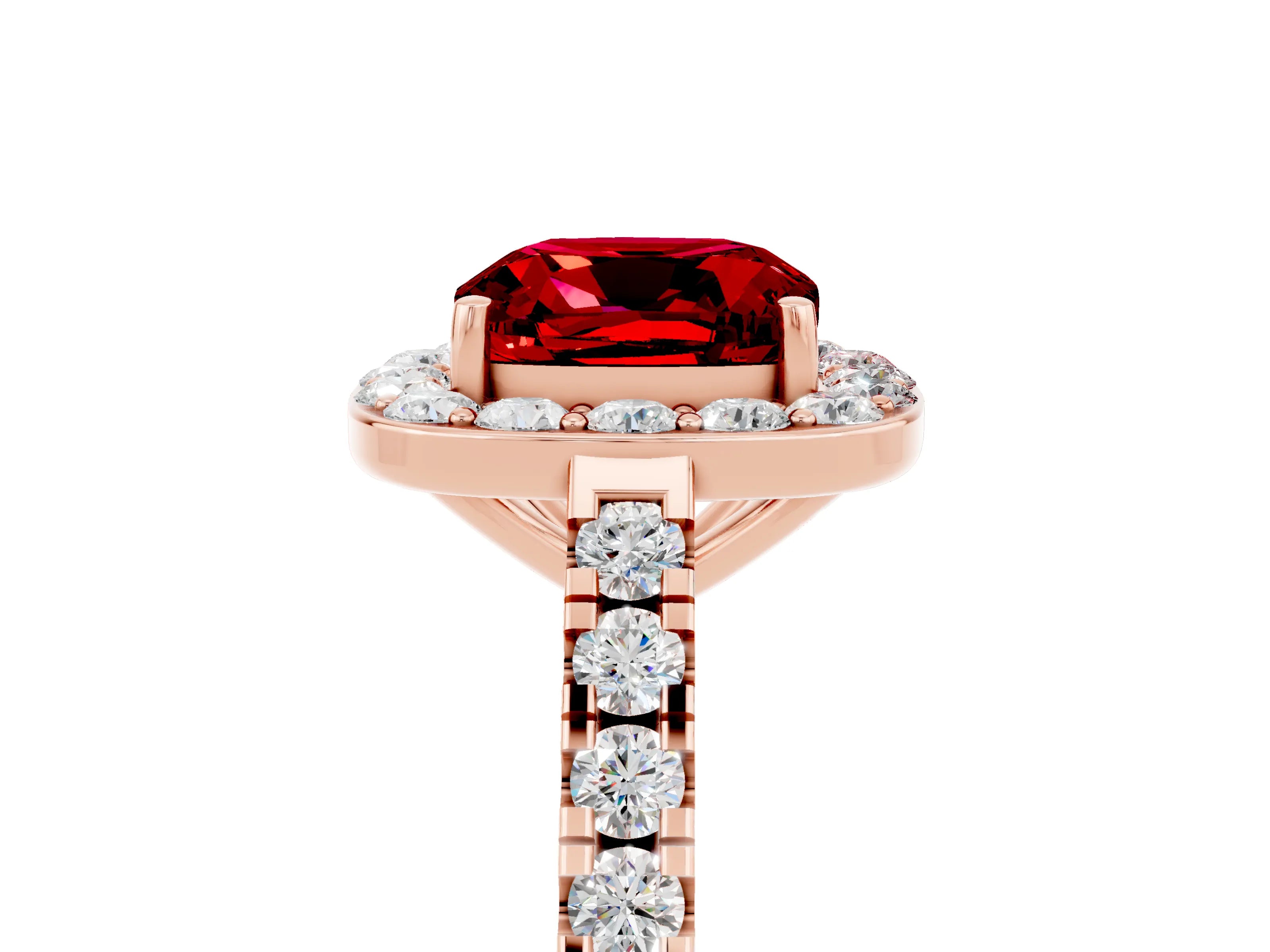 Rose gold Cushion Cut Halo Diamond Ring with Pavé Band and Three-Prong Setting_5
