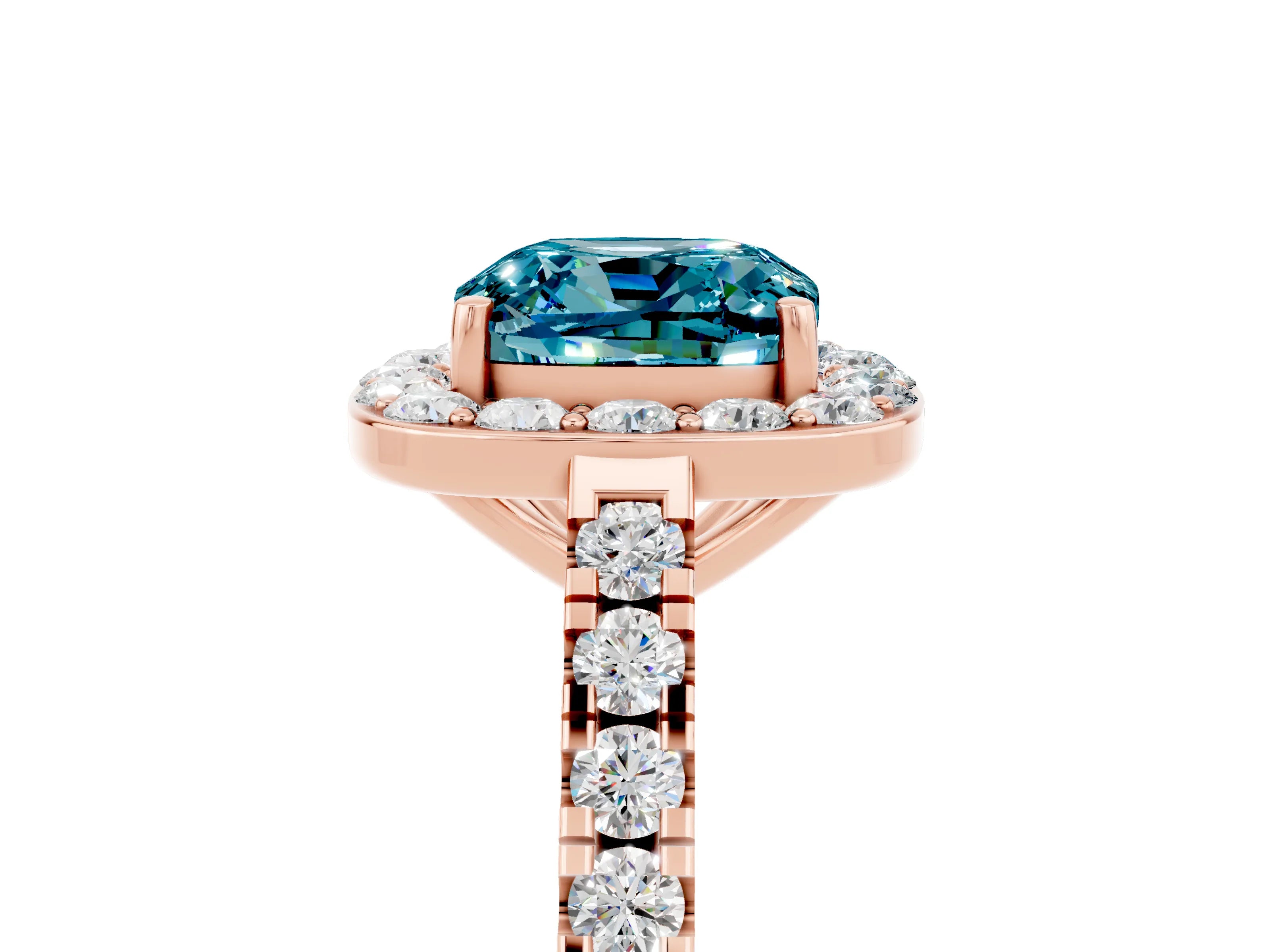 Rose gold Cushion Cut Halo Diamond Ring with Pavé Band and Three-Prong Setting_5