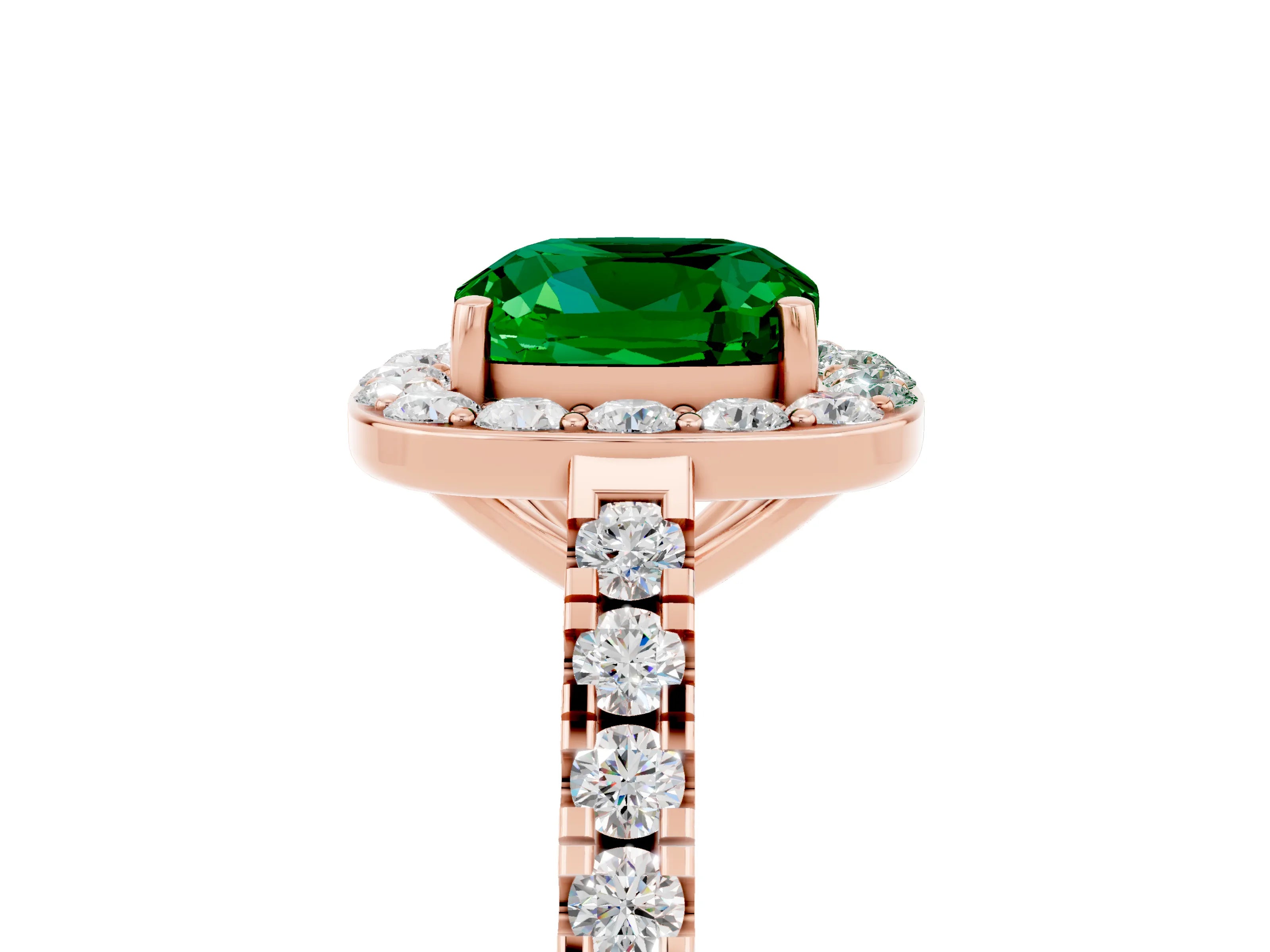 Rose gold Cushion Cut Halo Diamond Ring with Pavé Band and Three-Prong Setting_5