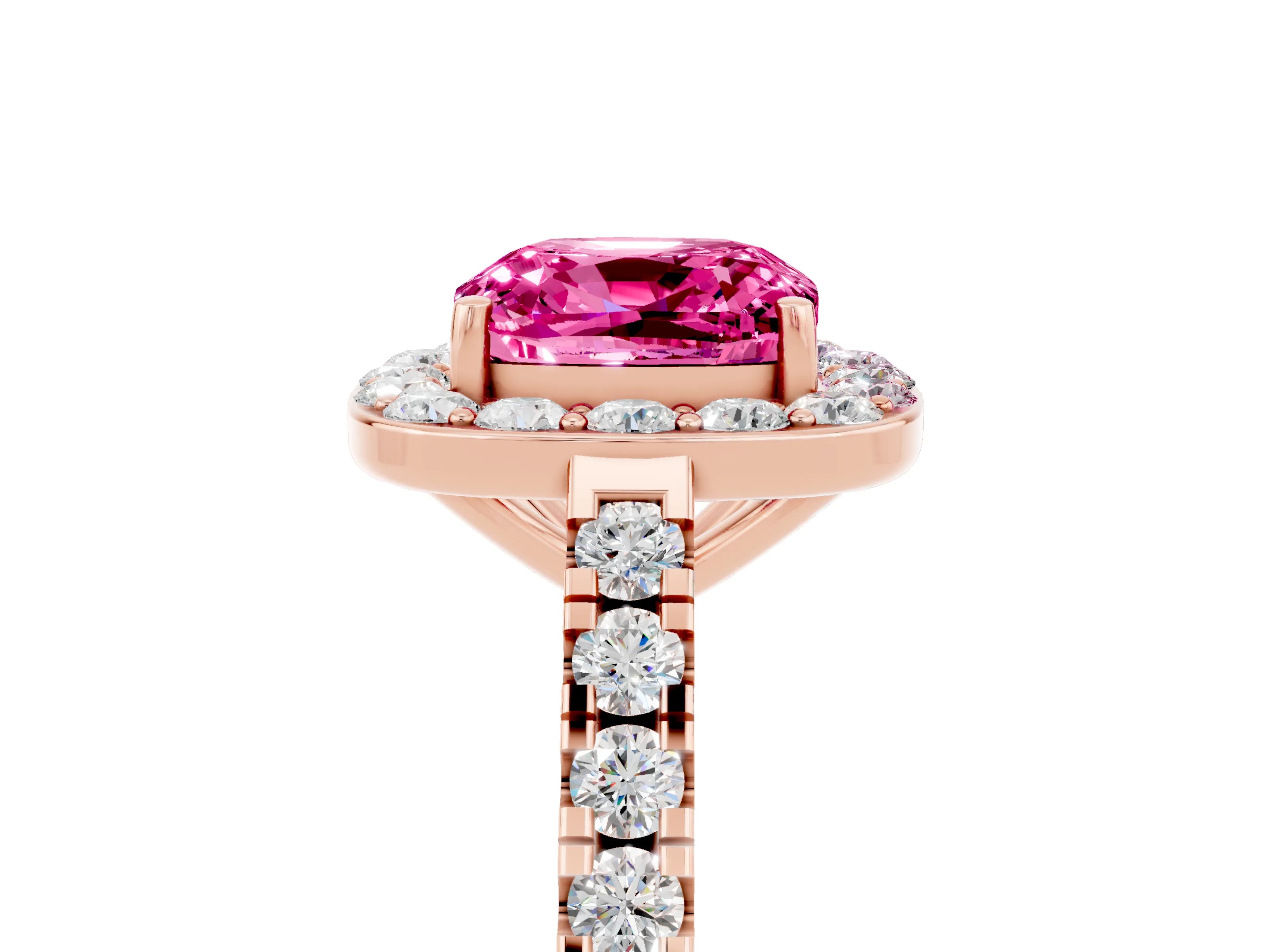 Rose gold Cushion Cut Halo Diamond Ring with Pavé Band and Three-Prong Setting_5