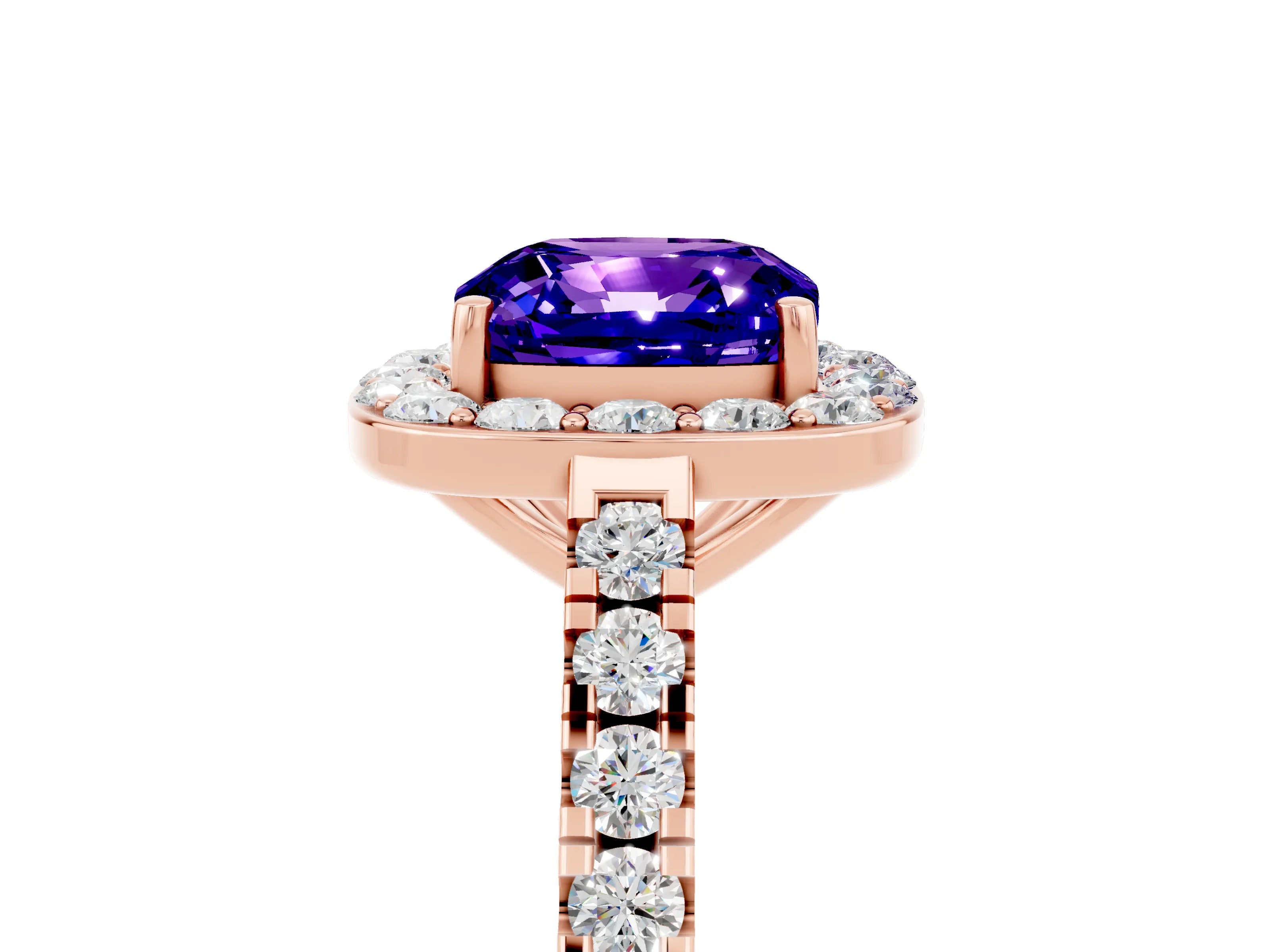 Rose gold Cushion Cut Halo Diamond Ring with Pavé Band and Three-Prong Setting_5