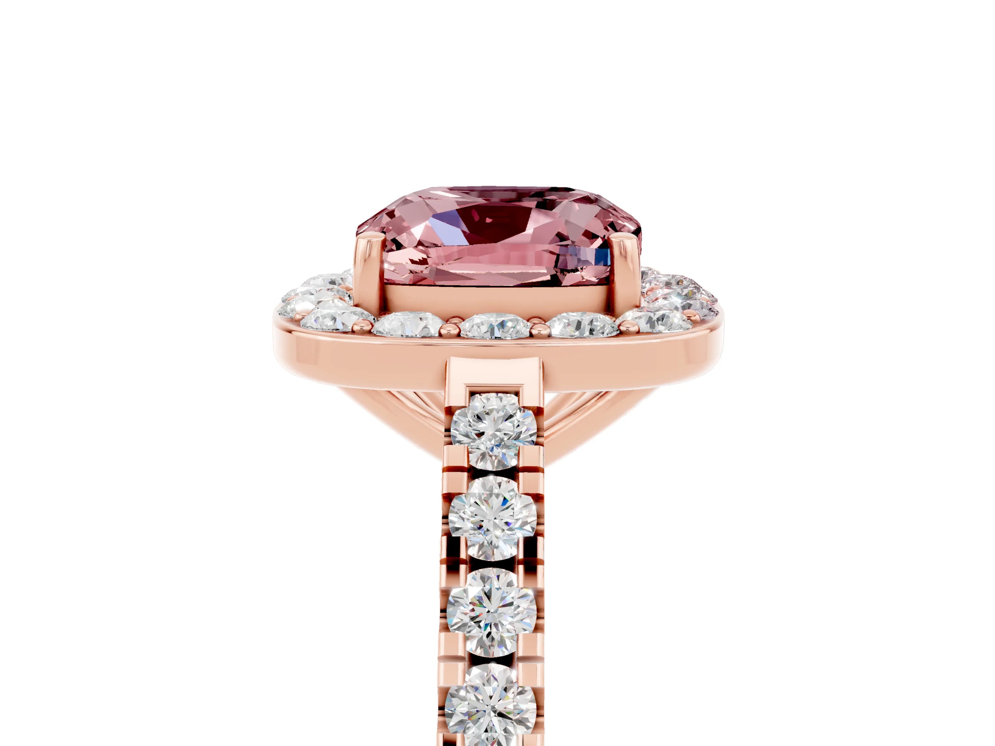 Rose gold Cushion Cut Halo Diamond Ring with Pavé Band and Three-Prong Setting_5