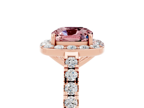 Rose gold Cushion Cut Halo Diamond Ring with Pavé Band and Three-Prong Setting_5