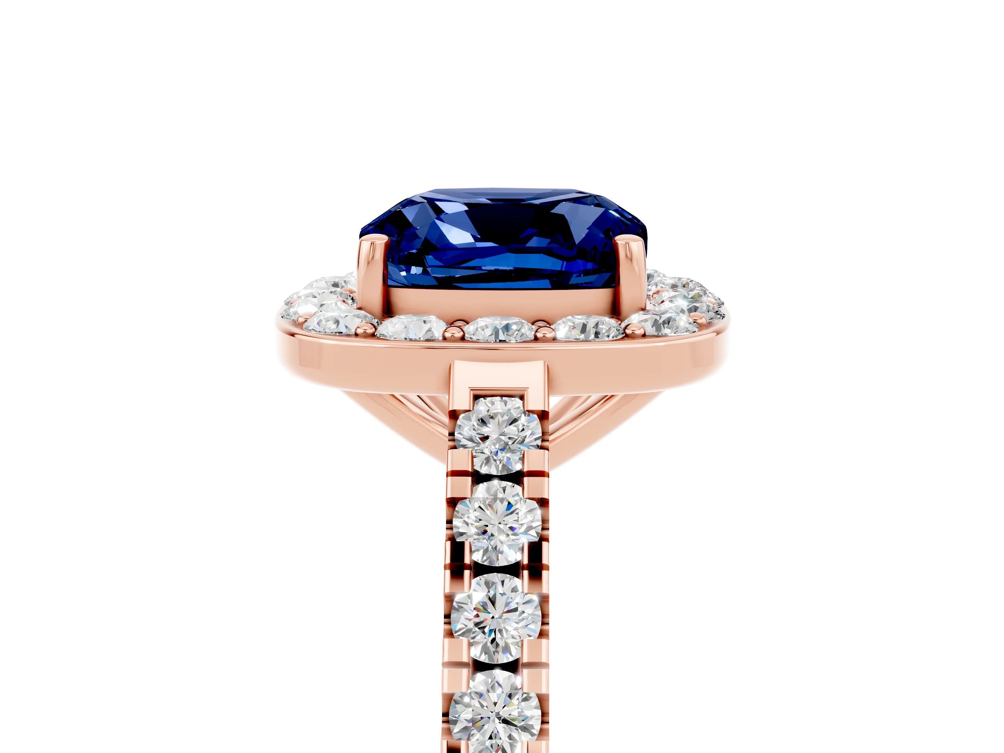 Rose gold Cushion Cut Halo Diamond Ring with Pavé Band and Three-Prong Setting_5
