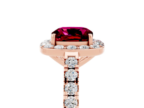 Rose gold Cushion Cut Halo Diamond Ring with Pavé Band and Three-Prong Setting_5