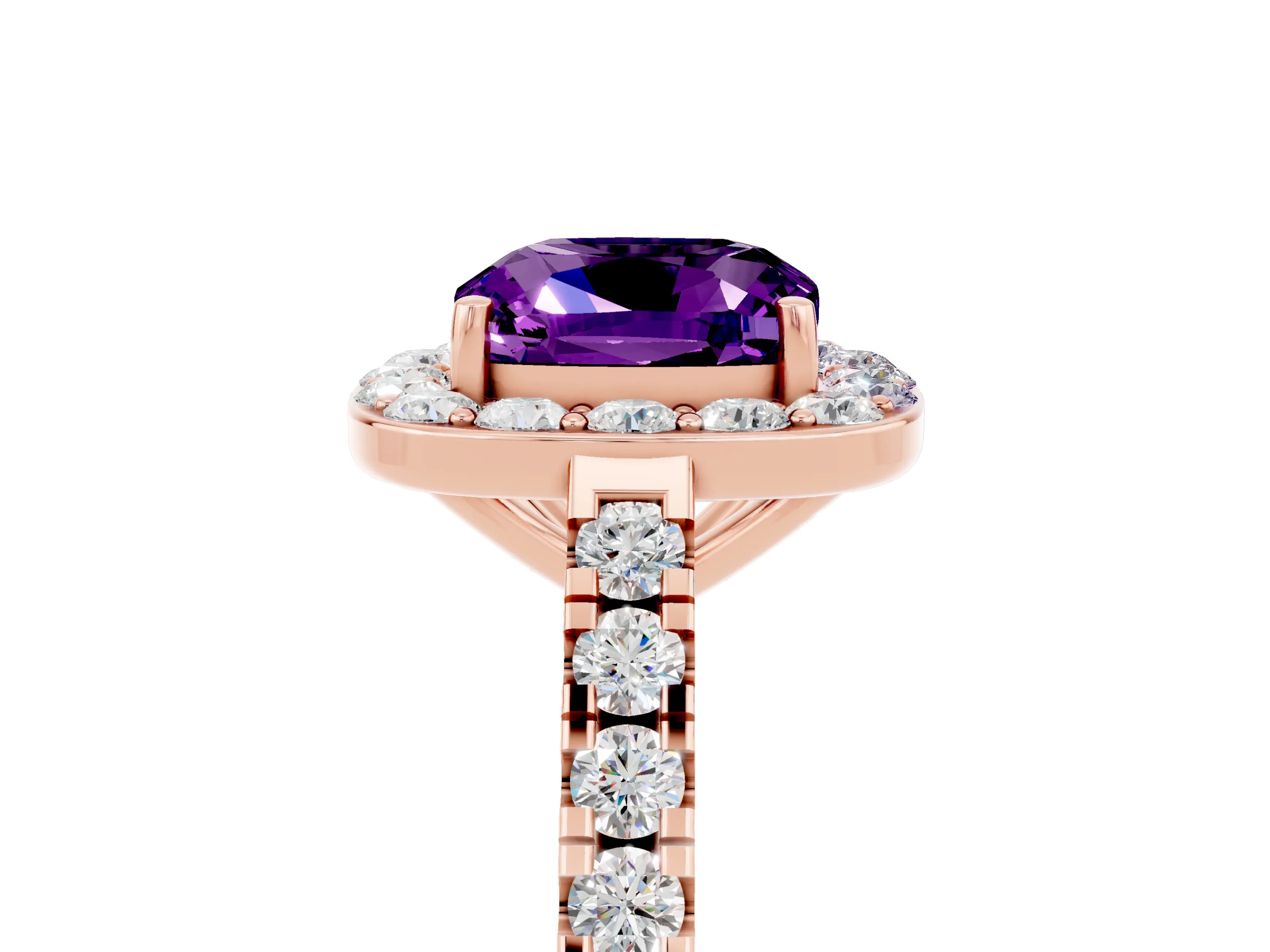Rose gold Cushion Cut Halo Diamond Ring with Pavé Band and Three-Prong Setting_5