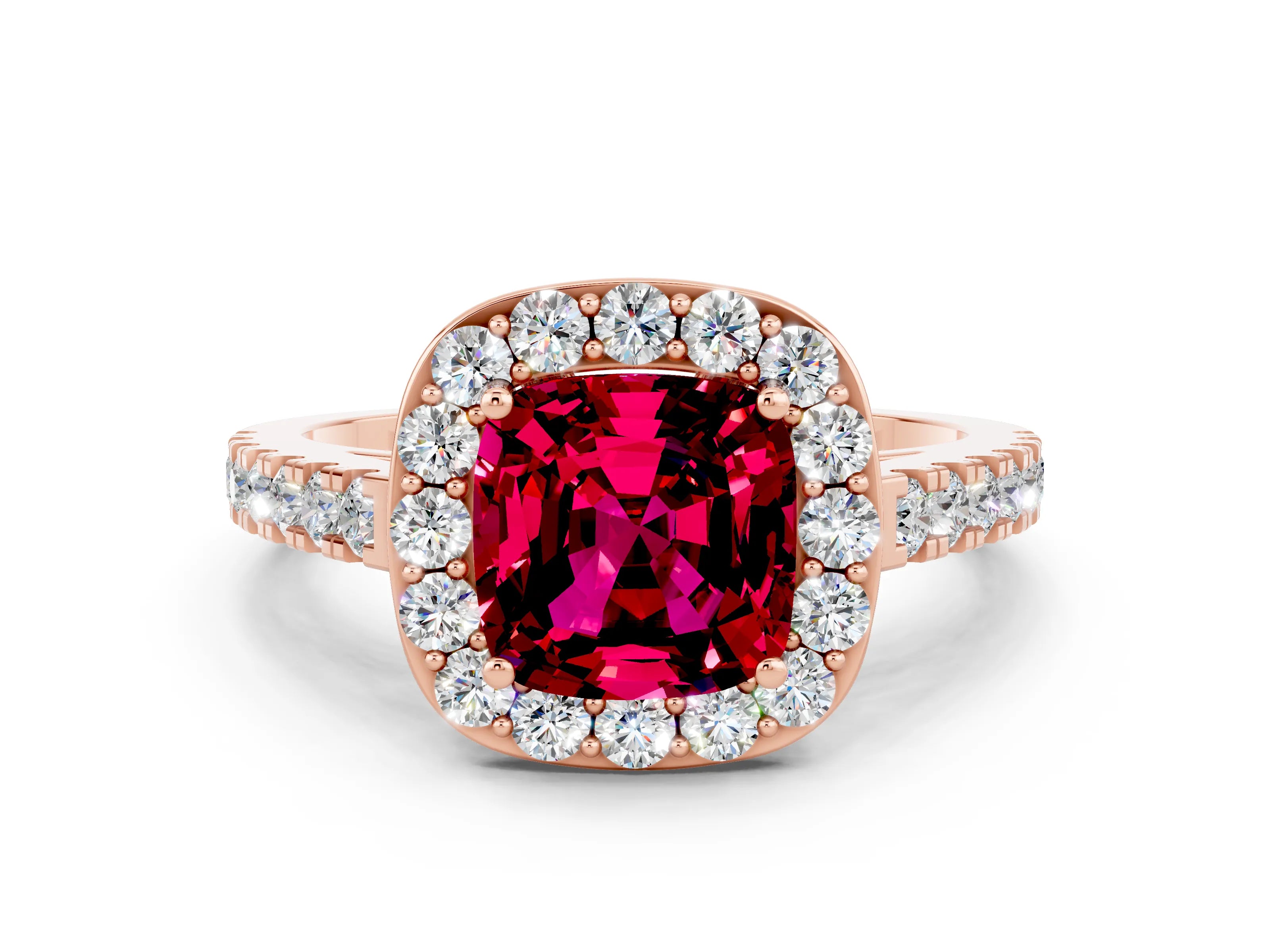 Rose gold Cushion Cut Halo Diamond Ring with Pavé Band and Three-Prong Setting