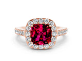 Rose gold Cushion Cut Halo Diamond Ring with Pavé Band and Three-Prong Setting
