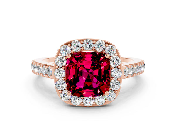 Rose gold Cushion Cut Garnet Halo Ring with Round Pavé Split Shank and Prong Setting