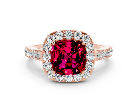 Rose gold Cushion Cut Halo Diamond Ring with Pavé Band and Three-Prong Setting