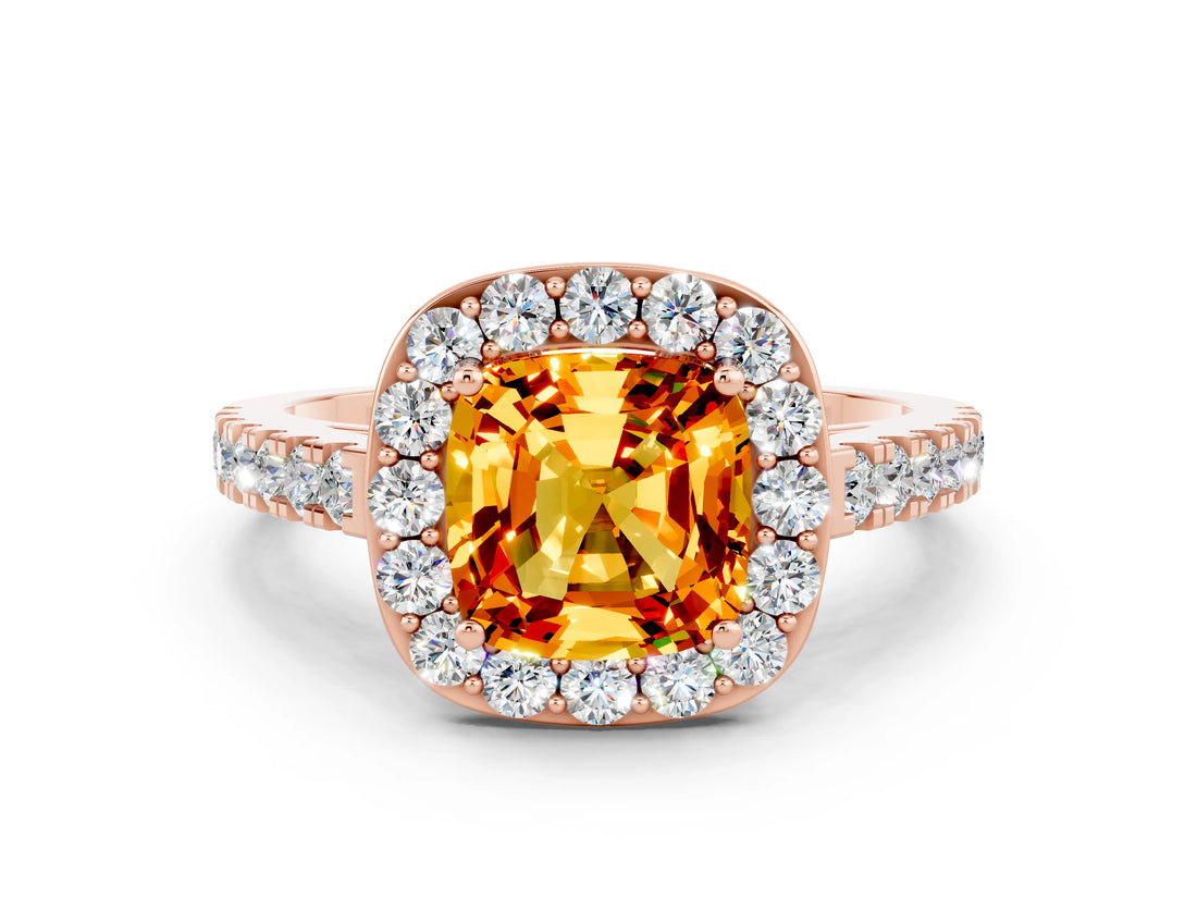 Rose gold Cushion Cut Halo Diamond Ring with Pavé Band and Three-Prong Setting