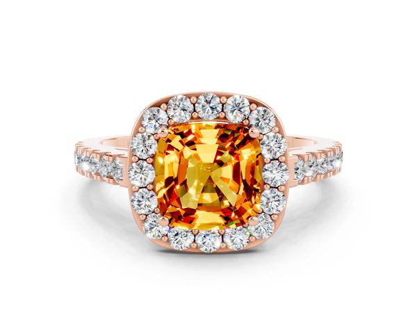 Rose gold Cushion Cut Citrine Halo Ring with Round Pavé Split Shank and Prong Setting
